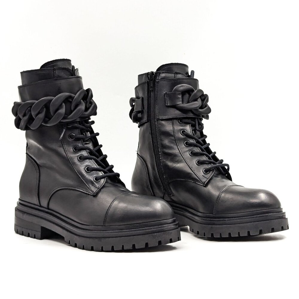 Beautiisoles by Robyn Women Zoey Black Leather Zip Lace up Combat Boots size 8US